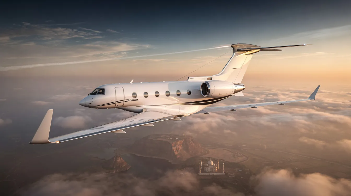 A luxurious private jet is parked at Indira Gandhi International Airport in New Delhi, ready for passengers to embark on their journey to India. This image captures the essence of private aviation, highlighting the convenience and comfort of private jet travel for business executives and high net worth individuals.