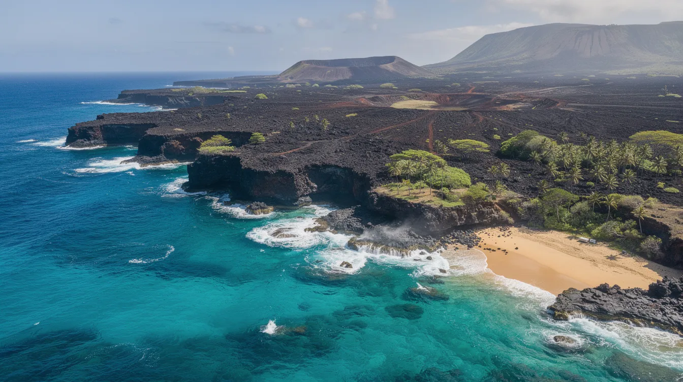 An aerial view showcases the stunning Hawaiian coastline, featuring vibrant turquoise waters and a dramatic volcanic landscape. This picturesque scene highlights the natural beauty of the Hawaiian Islands, making it a popular destination for private jet travel and charter flights to enjoy paradise.