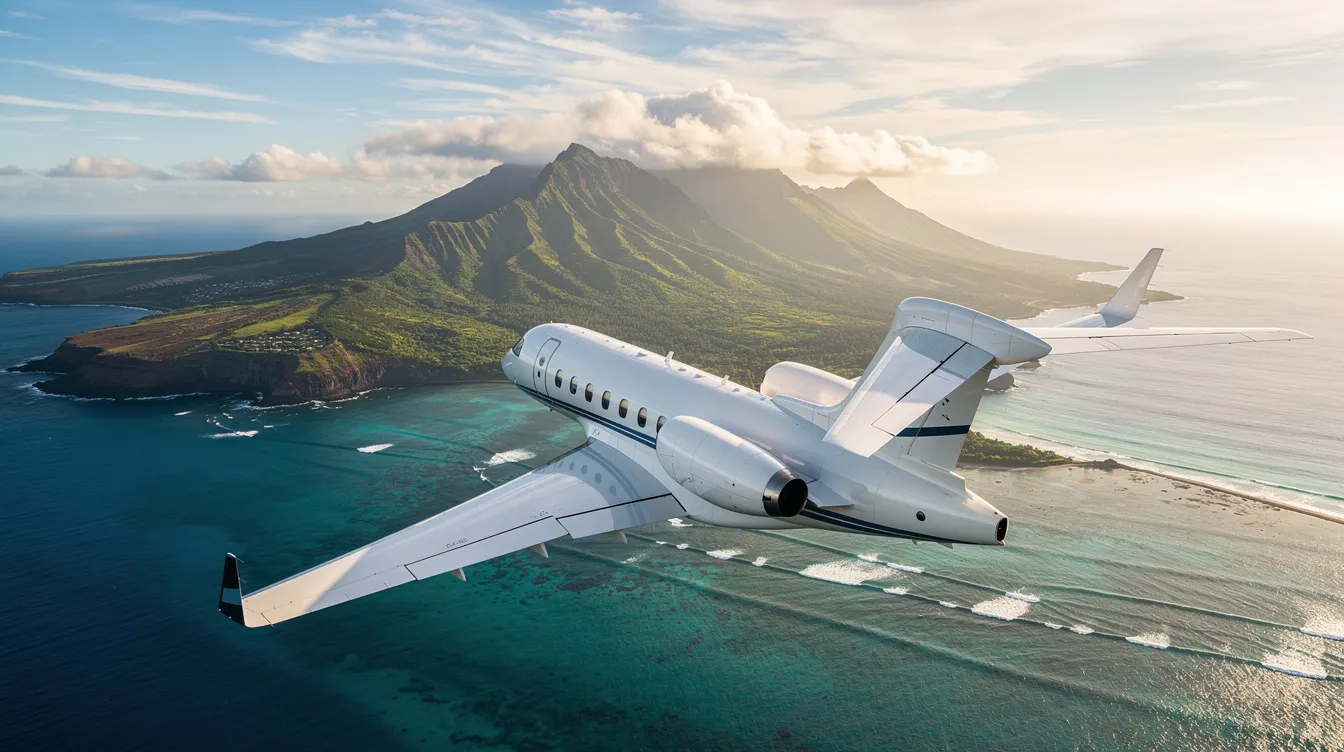 A luxurious private jet is preparing for takeoff, destined for the beautiful Hawaiian Islands, specifically heading towards Kona International Airport. The scene captures the essence of private aviation, showcasing the convenience and elegance of charter flights to popular destinations like the Four Seasons Resort Hualalai on the Big Island.