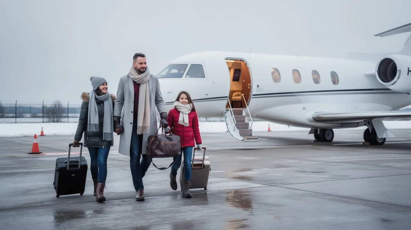 A family is walking towards a private aircraft, loaded with luggage, as they prepare for winter travel, embodying the luxury and convenience of private jet travel. The scene illustrates the ease of accessing private aviation, highlighting the family’s anticipation for their upcoming journey.