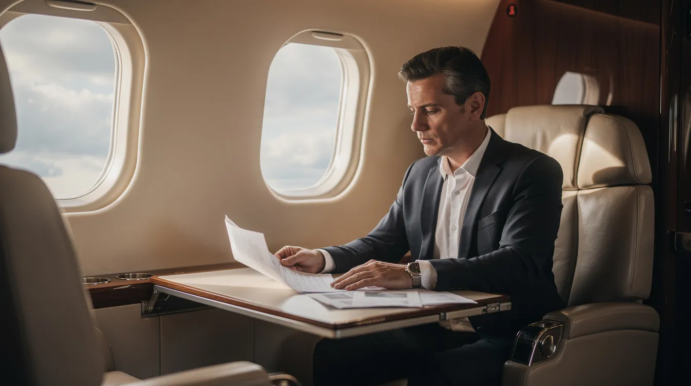 A business executive is seated in a luxurious private jet cabin, intently reviewing important documents on a sleek table, surrounded by plush seating and elegant decor. The scene highlights the comfort and exclusivity of private jet travel, perfect for those utilizing jet card programs for guaranteed access and personalized service.