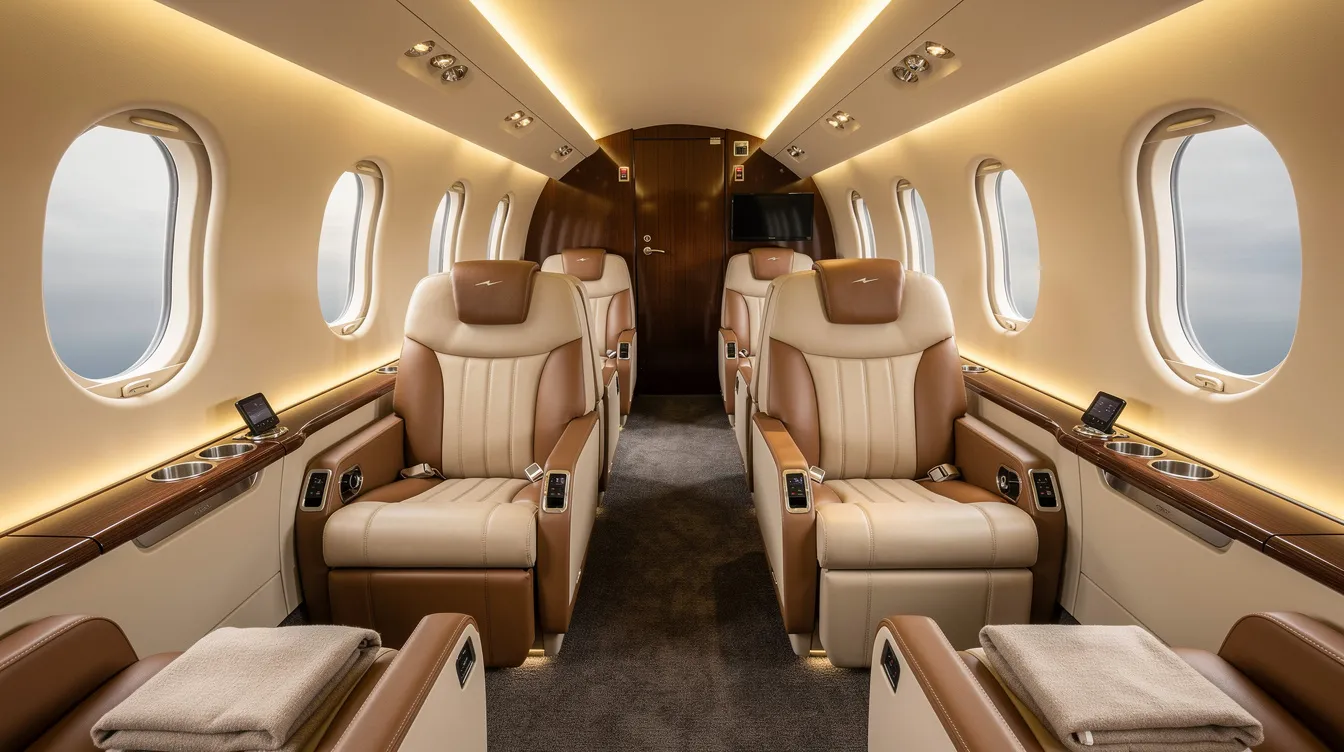 The image depicts the interior of a modern private jet cabin, featuring luxurious leather seats and soft ambient lighting that creates a serene atmosphere. This elegant space is designed for private aviation, offering personalized service and comfort for discerning travelers enjoying private jet travel.