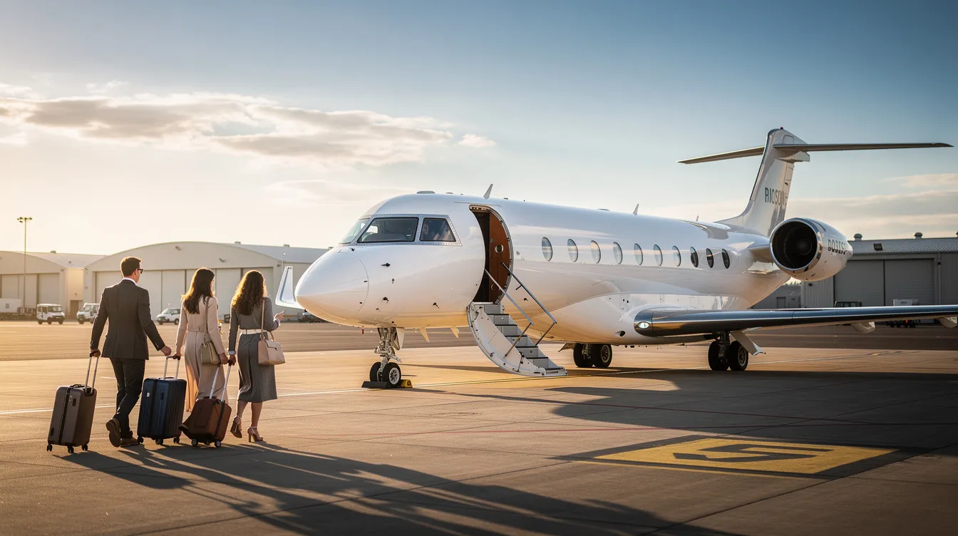 A private jet is parked on the tarmac, with passengers walking towards the boarding stairs, ready to embark on their journey. This scene highlights the convenience of private aviation, allowing travelers to enjoy personalized service and guaranteed availability without the complexities of commercial flights.