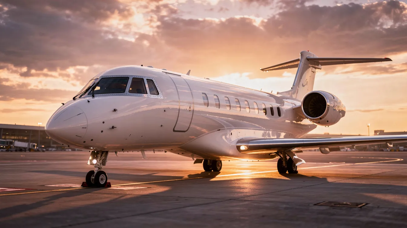 A luxurious private jet is parked on the airport tarmac, bathed in the warm glow of a sunset. This scene highlights the appeal of private aviation and the benefits of fractional jet ownership, where multiple owners share the costs and enjoy the convenience of flying privately without the high expenses of full ownership.
