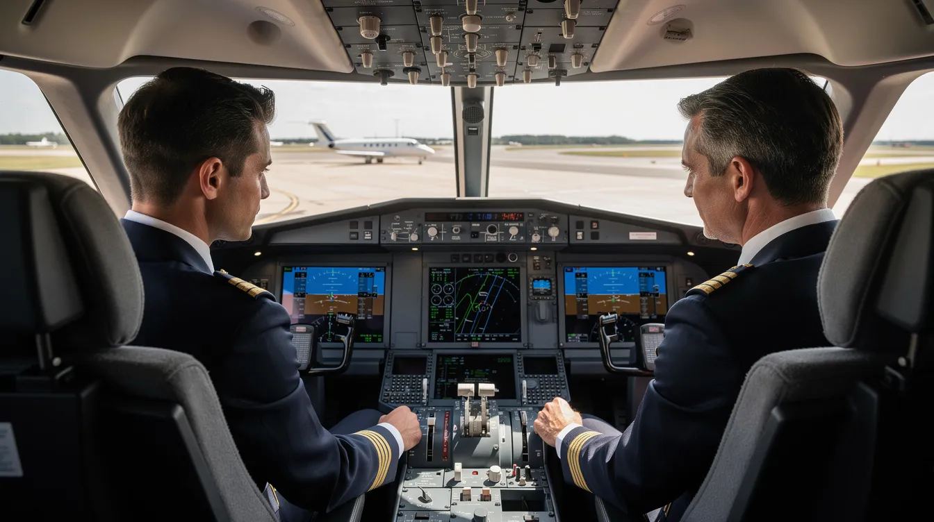 The image depicts two professional pilots in the cockpit of a private jet, focused on flight instruments and data, showcasing their dedication to safe flight operations. This scene highlights the realm of private aviation, where fractional ownership and jet card programs provide flexible access to specific aircraft for both business and leisure travel.