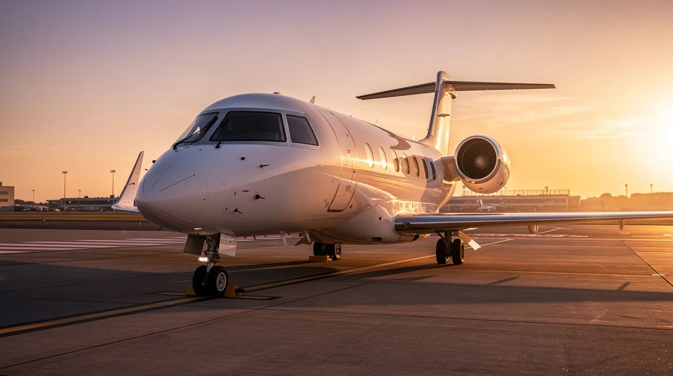 The image depicts a sleek private business jet parked on an airport tarmac, illuminated by the warm hues of a sunset. This setting highlights the appeal of fractional jet ownership, showcasing the luxury and convenience of private aviation for both business and personal travel.