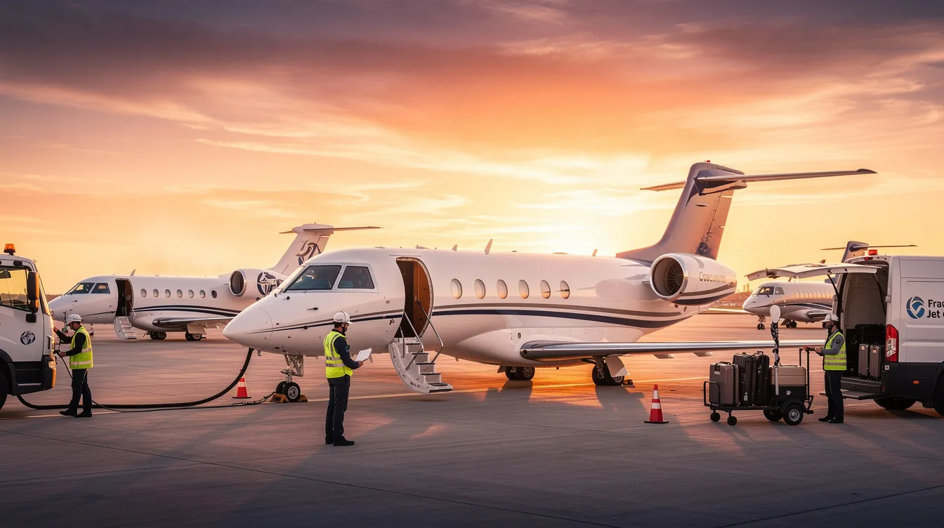 A private jet aircraft is parked on the tarmac at sunset, with a ground crew preparing for a flight, showcasing the convenience of fractional jet ownership. This image reflects the various aircraft types available to fractional owners, highlighting the shared benefits of private air travel among multiple owners.