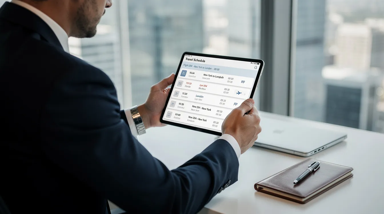 A business executive is intently reviewing a travel schedule on a tablet, likely considering options for private jet travel. The scene suggests a focus on fractional jet ownership, highlighting the convenience and flexibility of managing travel needs through fractional ownership programs.