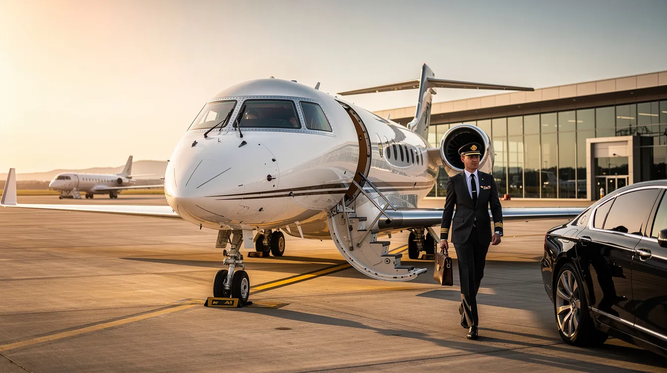 The image depicts a luxurious private jet on the tarmac, showcasing the impressive fleet available through fractional jet ownership programs. This visual highlights the convenience and personalized service offered by leading fractional jet providers, catering to the diverse needs of international travelers and frequent flyers.