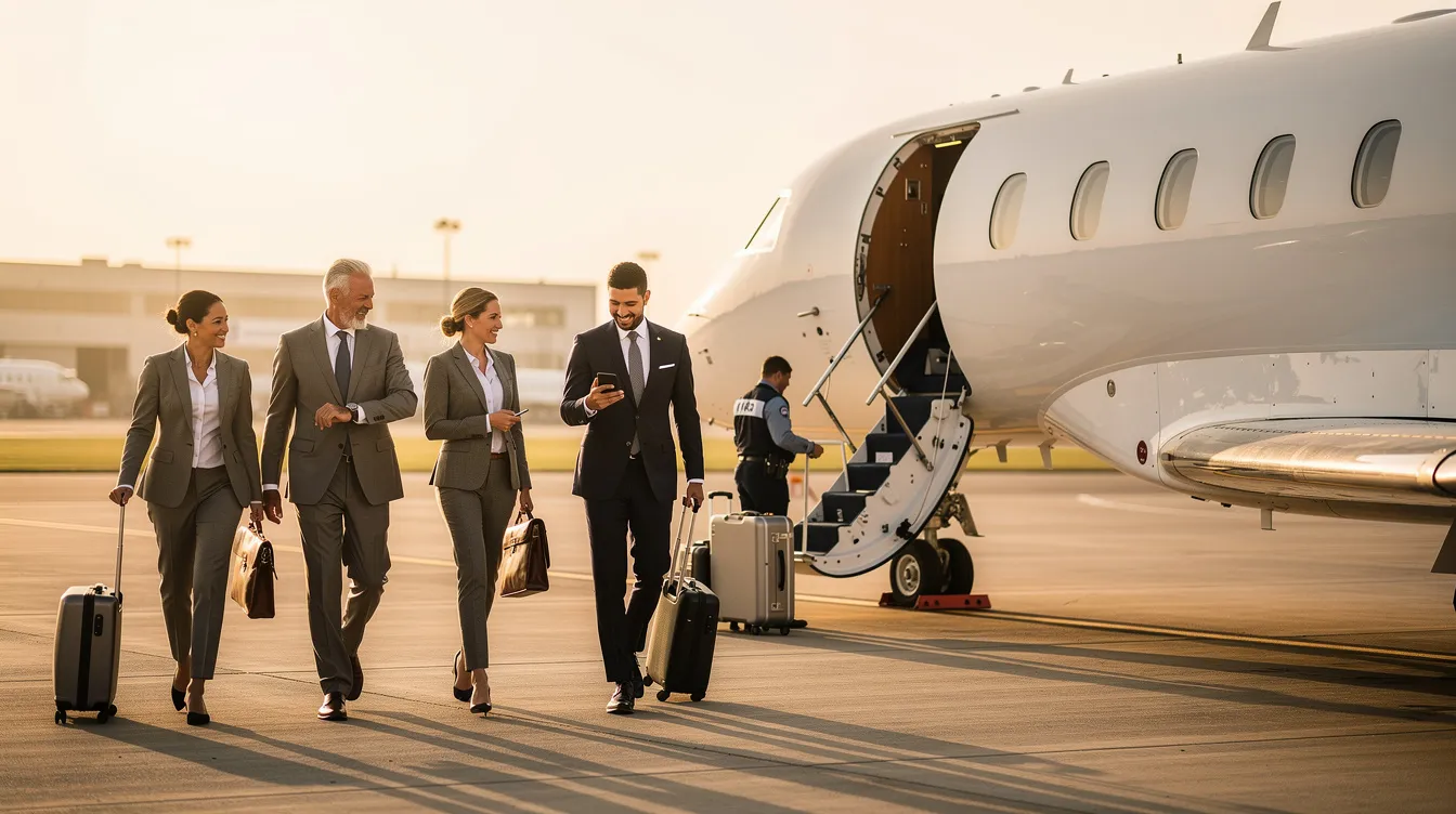 A group of business executives in tailored suits walks confidently towards a sleek private jet on the airport tarmac, showcasing the luxury and convenience of fractional jet ownership. This scene emphasizes the appeal of private aviation for frequent flyers seeking efficient travel options with guaranteed availability and personalized service.
