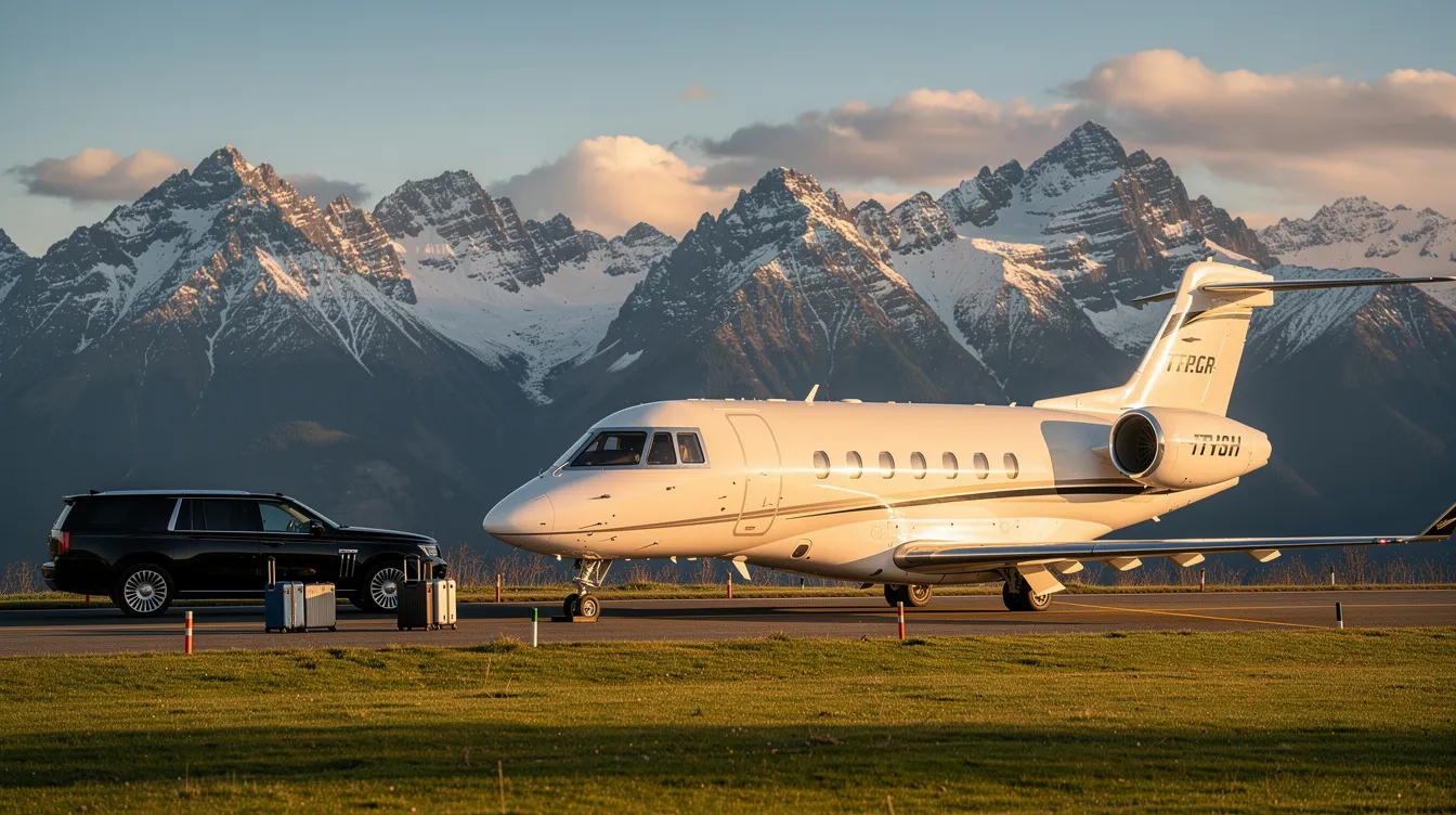 A sleek private jet is parked on a grassy airstrip, framed by majestic mountains, showcasing the serene beauty of private aviation. This image highlights the convenience of fractional jet ownership, offering a hassle-free flying experience for those seeking personalized service and guaranteed availability.