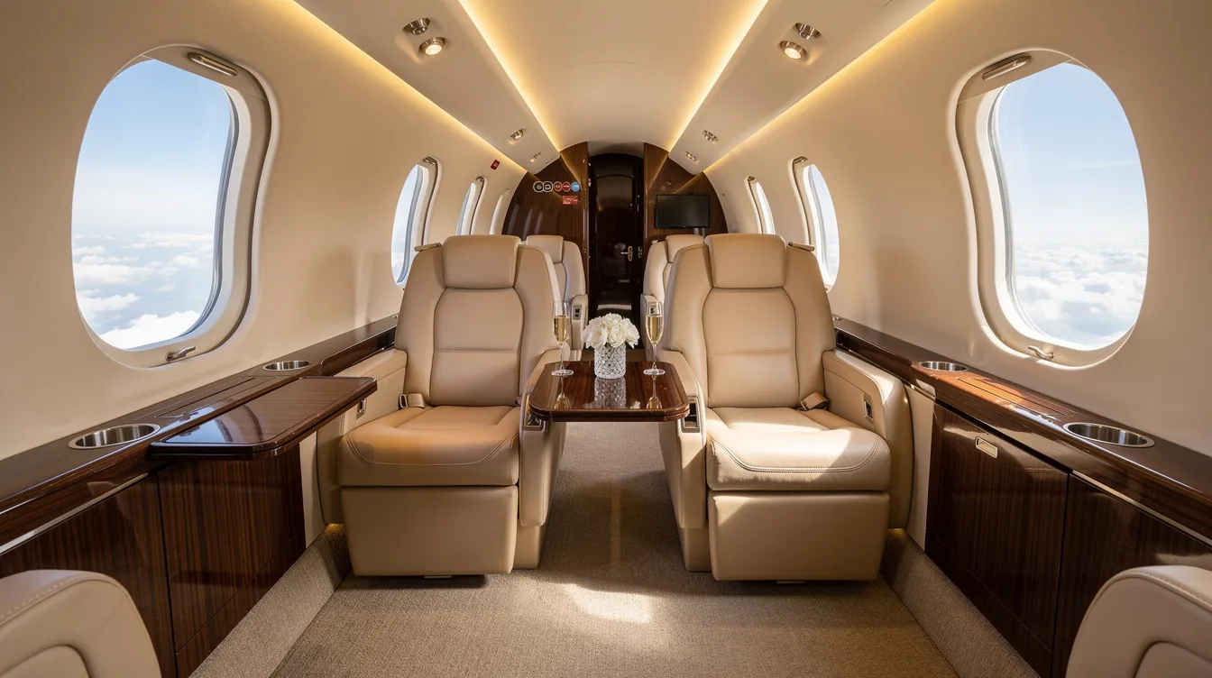The image depicts a luxurious private jet interior featuring plush beige leather seats complemented by elegant wood accents, creating a sophisticated atmosphere for private aviation. This setting exemplifies the comfort and style associated with fractional jet ownership, ideal for fractional owners seeking guaranteed access to premium flight experiences.