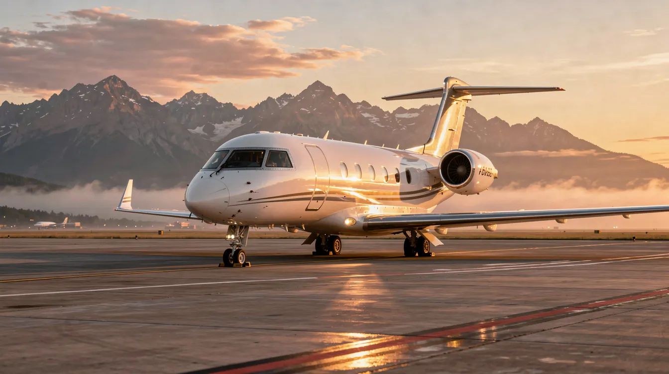 An executive private jet is parked on the tarmac at sunrise, with majestic mountains in the background, symbolizing the allure of private aviation. This scene captures the essence of fractional jet ownership, offering guaranteed access to luxurious travel without the full ownership costs.