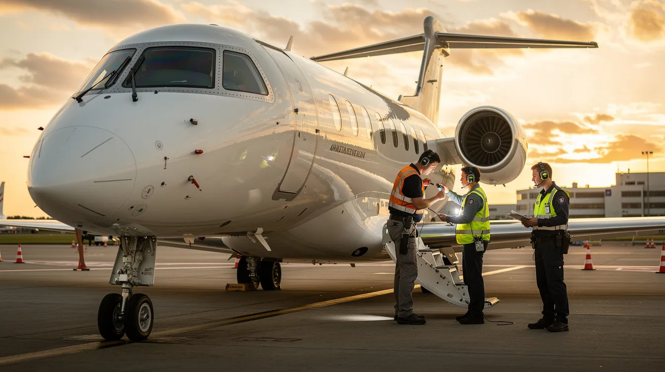 A sleek private jet is parked on the tarmac, with crew members diligently checking the engines to ensure safe flight for upcoming private aviation journeys. This scene highlights the importance of safety and maintenance in private air travel, emphasizing the commitment to providing reliable service for jet card holders.