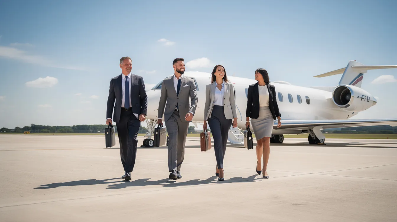 A business executive team is walking toward a private jet on a sunny tarmac, showcasing the luxury of private aviation. This scene emphasizes the ease of access and convenience associated with private jet travel, ideal for frequent flyers and those utilizing jet card programs.