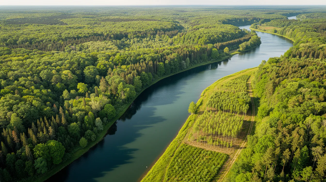 An aerial view captures a lush, green forest interspersed with a winding river, symbolizing the importance of carbon offset reforestation projects. This serene landscape highlights the balance between nature and initiatives that support sustainable practices, akin to the commitment found in private aviation and jet card programs.