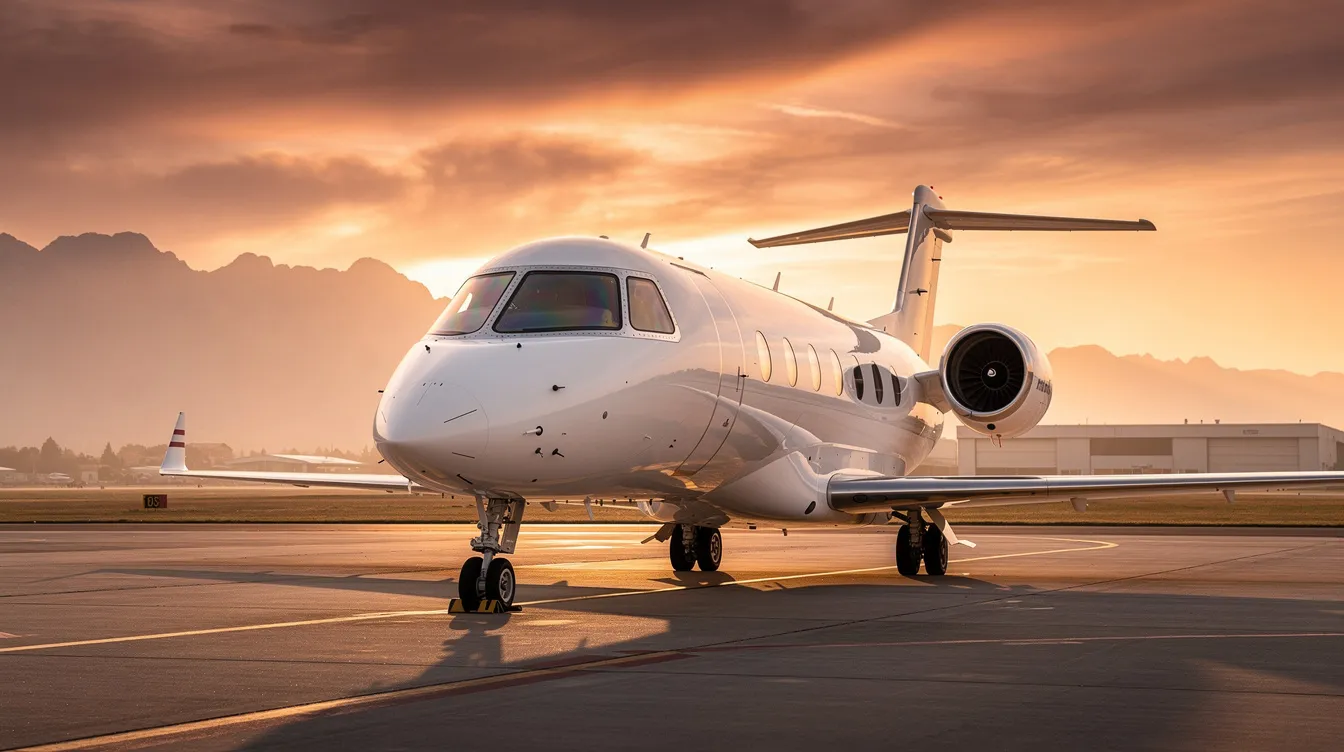 A sleek private jet is parked on a tarmac at sunset, with majestic mountains silhouetted in the background, highlighting the allure of private aviation. This scene captures the essence of luxury travel, appealing to private jet card members seeking guaranteed availability and seamless access to their flights.