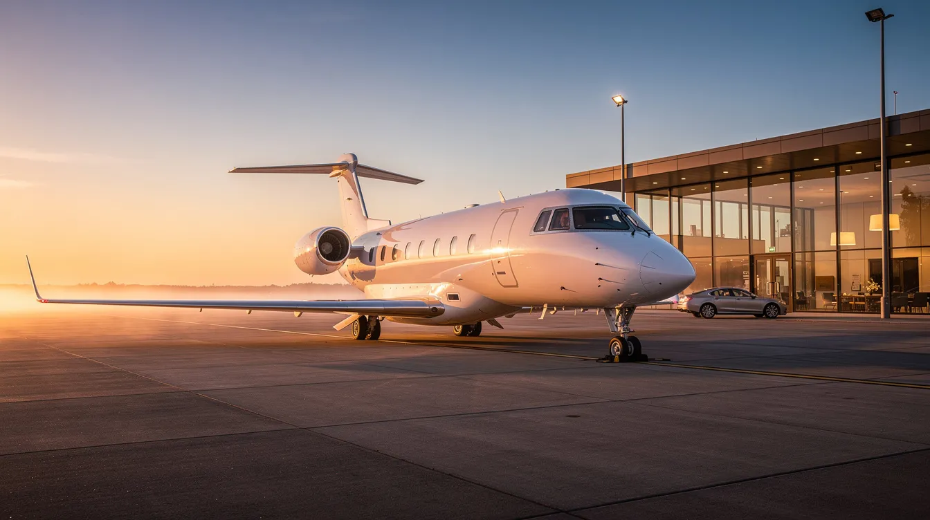 A sleek private jet is parked next to a tranquil private terminal, bathed in the warm glow of sunrise. The scene conveys a sense of luxury and convenience, ideal for executive travel and unforgettable journeys.