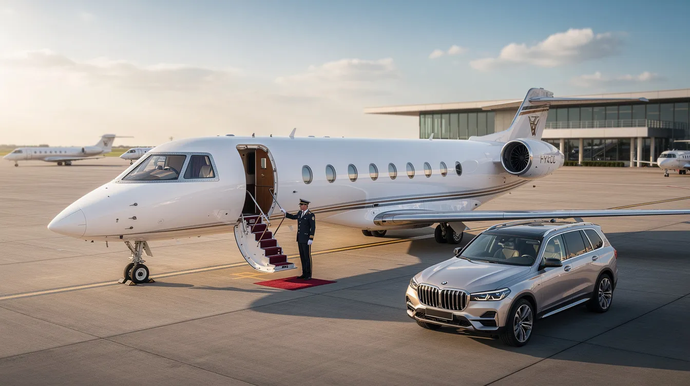 The image depicts a luxurious private jet parked on a tarmac, representing the world of private aviation and charter flights for high net worth individuals. The aircraft showcases exceptional details and sophistication, highlighting the premium experience and service associated with flying privately.