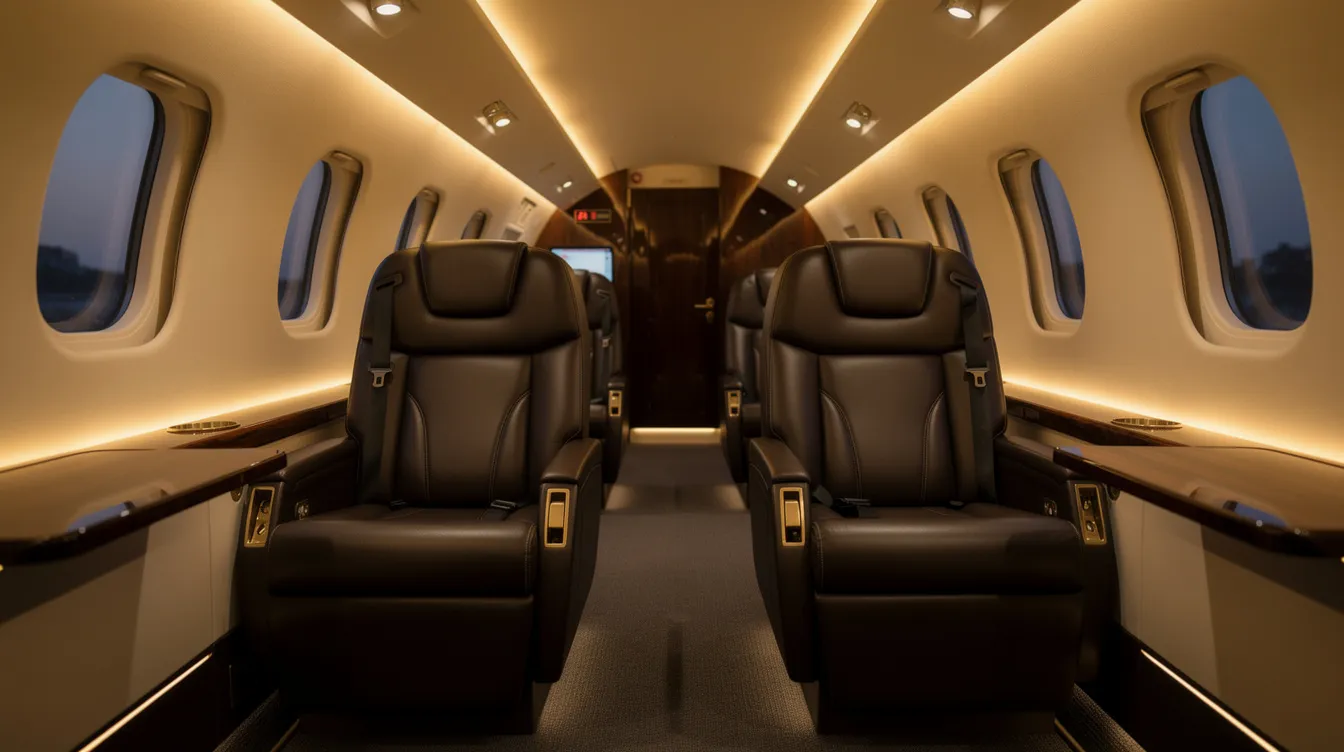 The image depicts the luxurious interior of a private jet cabin featuring dark leather seats and soft ambient lighting, creating an atmosphere of sophistication and comfort for high net worth individuals. This exceptional space exemplifies private aviation, offering an inviting environment for those seeking a premium flying experience.