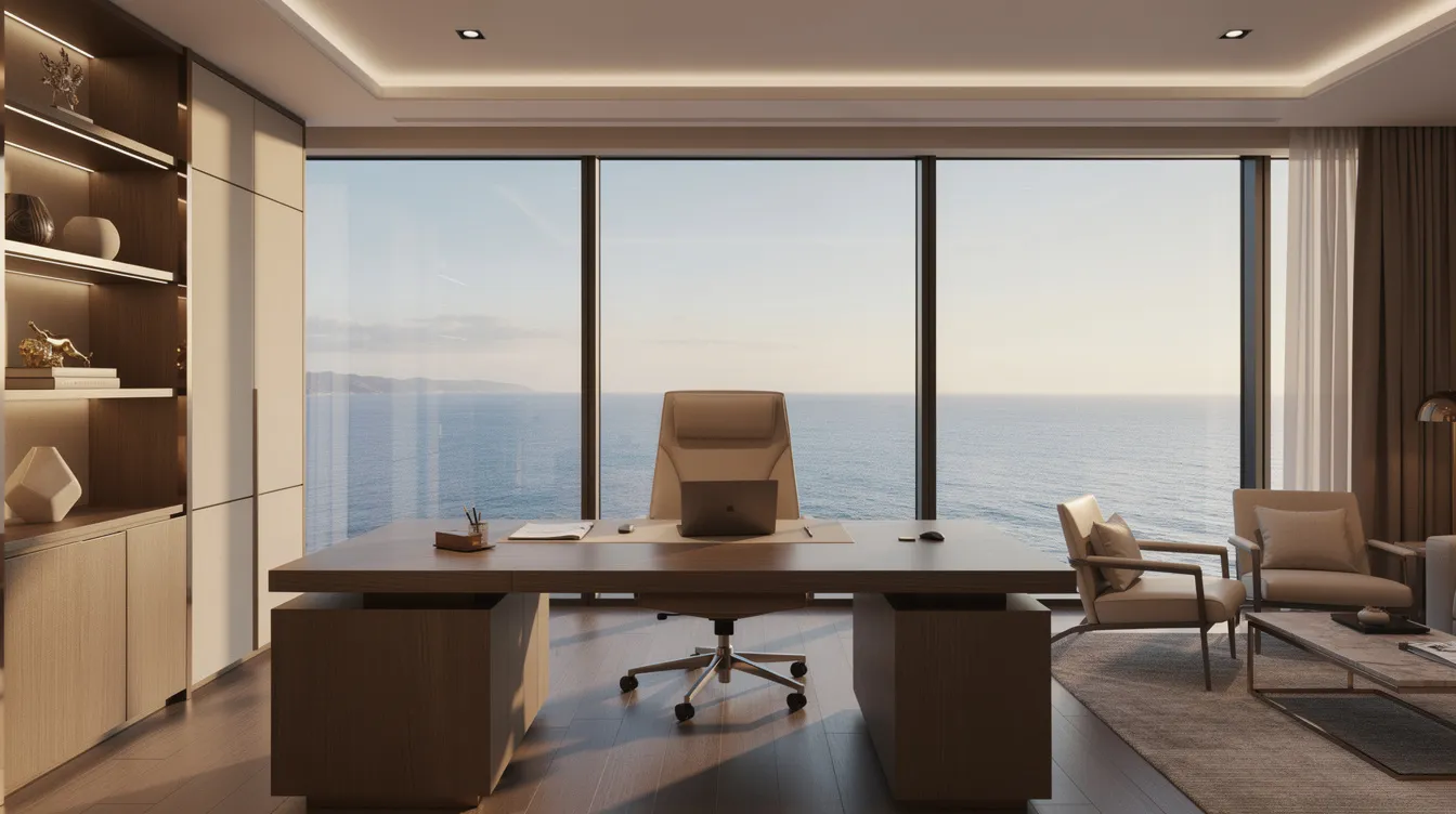 The image depicts an executive cabin inside a luxurious private jet, featuring large windows that offer a stunning view of the turquoise Caribbean waters and pristine beaches of Cancun. This elegant space is designed for private jet travelers seeking comfort and style while flying to their favorite destinations like Cancun's famous hotel zone or exploring ancient Mayan ruins.
