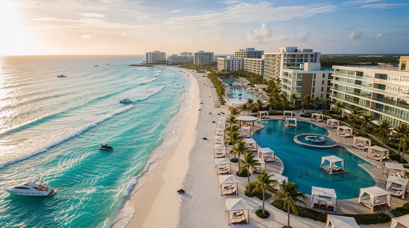 The image depicts a stunning coastline of Cancun, showcasing luxurious resorts lining the pristine white sand beaches and the vibrant turquoise waters of the Caribbean Sea. This tropical paradise is a perfect destination for private jet travelers seeking a romantic getaway or a family vacation, with easy access to Cancun's nightlife and ancient Mayan ruins nearby.