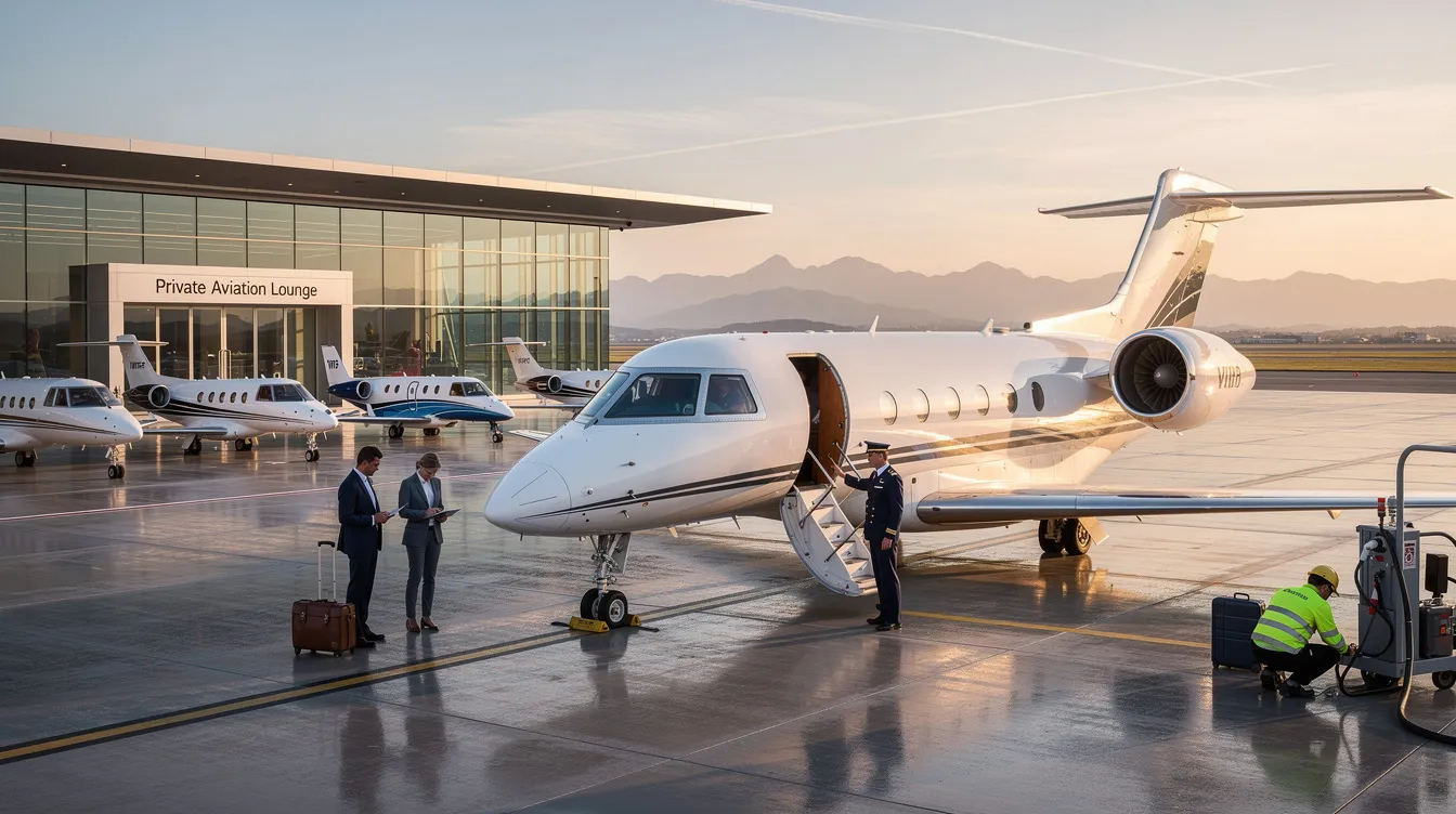 The image showcases a sleek private airplane parked on a tarmac, representing the world of private aviation and aircraft sales. It highlights various models, such as Cessna and Beechcraft, inviting potential owners to explore featured listings and connect with knowledgeable teams for an enjoyable purchasing process.