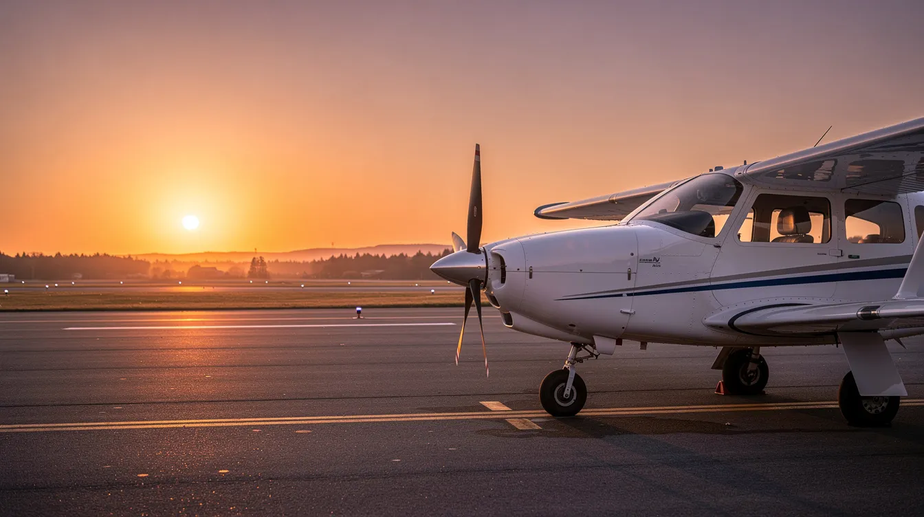 A private light aircraft is parked beside a quiet runway, bathed in the warm hues of sunset. This serene scene captures the essence of aircraft ownership, making it an ideal moment for those interested in aircraft sales or looking to purchase their first aircraft.