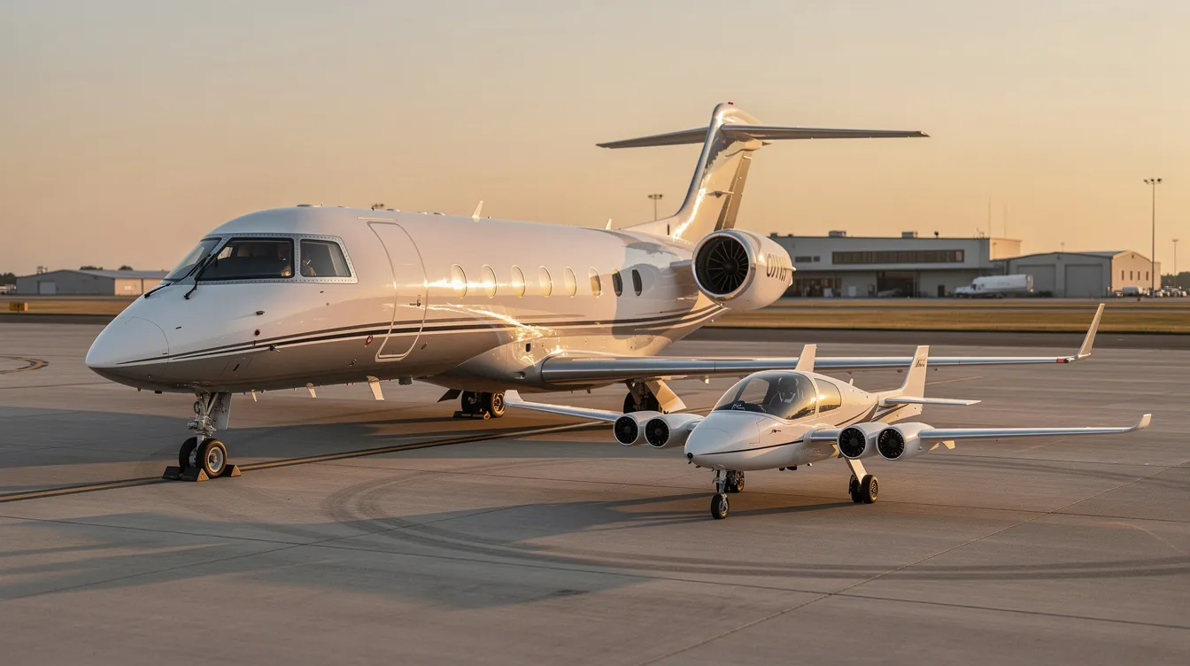 The image depicts a private jet parked alongside a small electric aircraft on a tranquil regional airport ramp, showcasing advancements in personal aviation and the emerging air taxi market. The scene highlights the contrast between traditional personal aircraft and innovative electric vertical takeoff and landing (eVTOL) designs, emphasizing the future of air mobility.