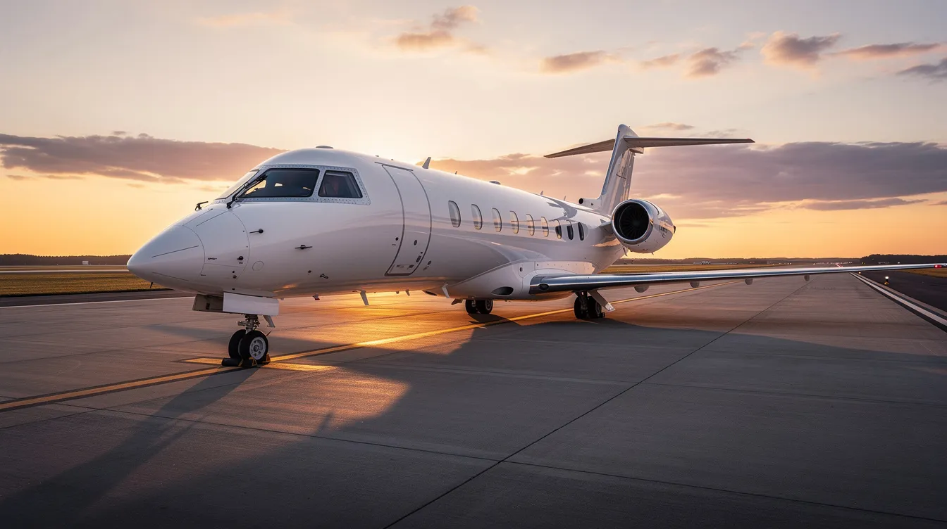 A private jet sits on a quiet runway, bathed in the warm hues of a sunset, suggesting an opportunity for ownership or partnerships in aircraft. The serene scene highlights the allure of flying, with the potential for fixed costs and shared expenses among existing owners.
