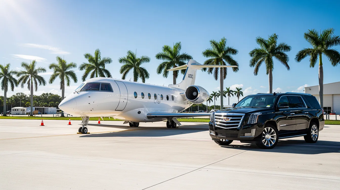 A private jet is parked on a sunny ramp at Naples Municipal Airport in Florida, surrounded by palm trees and a luxury vehicle nearby, highlighting the convenience and amenities of private air travel. This scene captures the essence of aviation services offered at the Naples Jet Center, where customers can enjoy a premium flying experience in the heart of Southwest Florida.