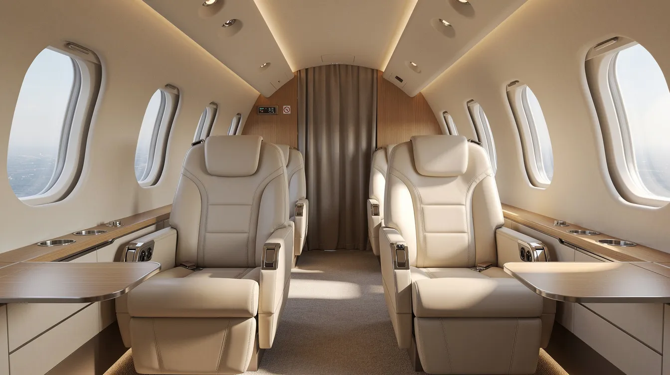 The image depicts a luxurious private jet cabin featuring plush leather seats bathed in soft window light, complemented by a refined neutral interior. This elegant space reflects the comfort and amenities offered by Naples jet charters, ensuring an exceptional experience for passengers during their private air travel.