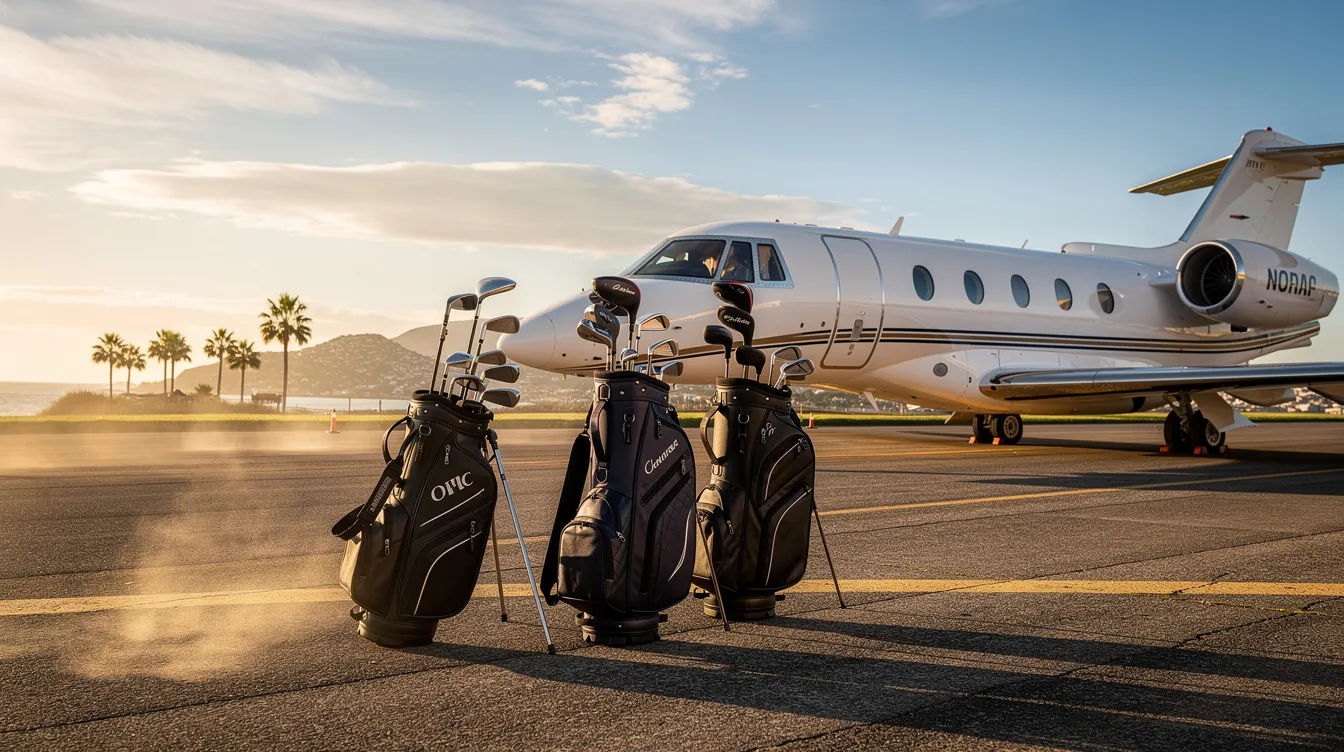 A collection of golf bags is placed beside a sleek private jet on the warm ramp of Naples Municipal Airport, highlighting the convenience and luxury of private air travel in Southwest Florida. This scene captures the essence of a perfect trip for customers seeking the best amenities and service for their aviation needs.
