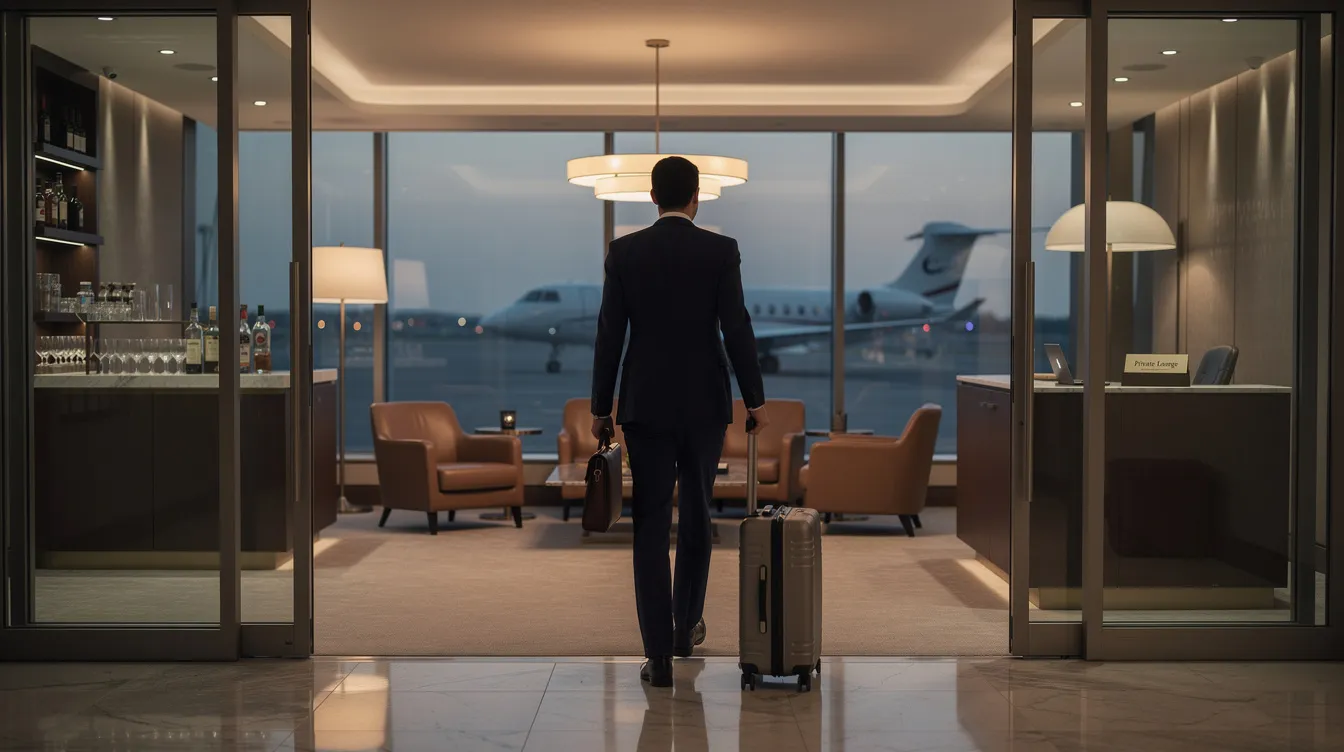 An executive, appearing to be a very private person, enters a quiet private aviation lounge, characterized by its serene atmosphere and exclusive access. The lounge is designed for private individuals seeking comfort and confidentiality before their flights.