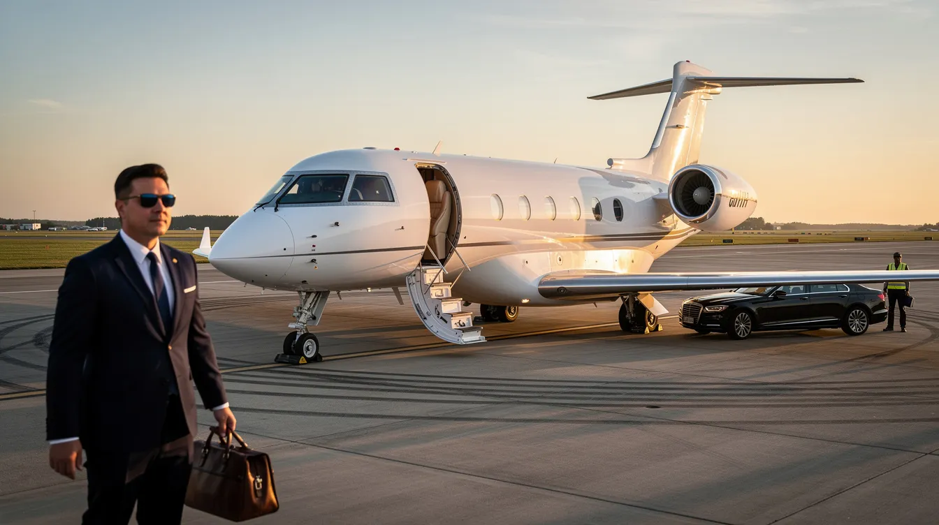 The image depicts a sleek private jet parked on a tarmac, symbolizing the luxury and efficiency of private aviation. This mode of transport allows clients to manage their time effectively, focusing on business opportunities while traveling in style.