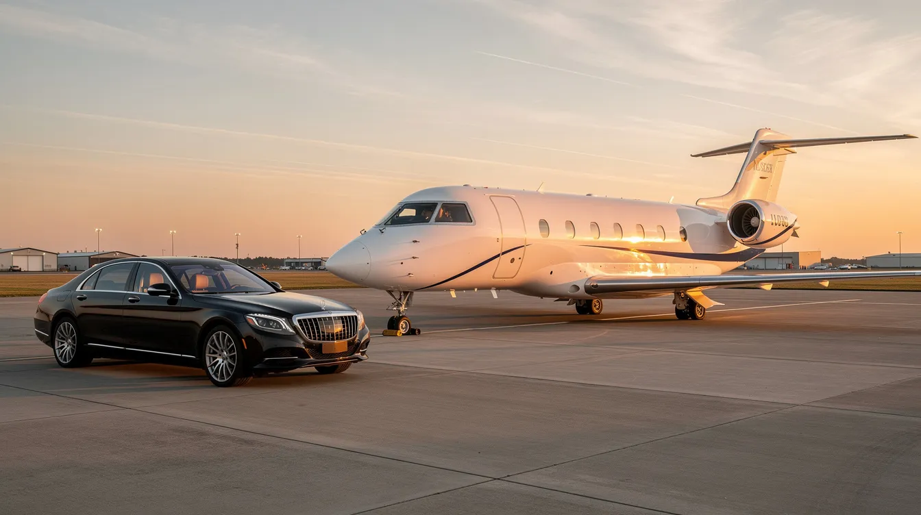 A private jet is parked on a quiet ramp at London Biggin Hill Airport, bathed in the warm glow of sunrise, with a luxury car nearby, symbolizing a seamless journey for discerning clients. The scene captures the elegance of private jet travel, highlighting the attention to detail and luxury that defines the experience.