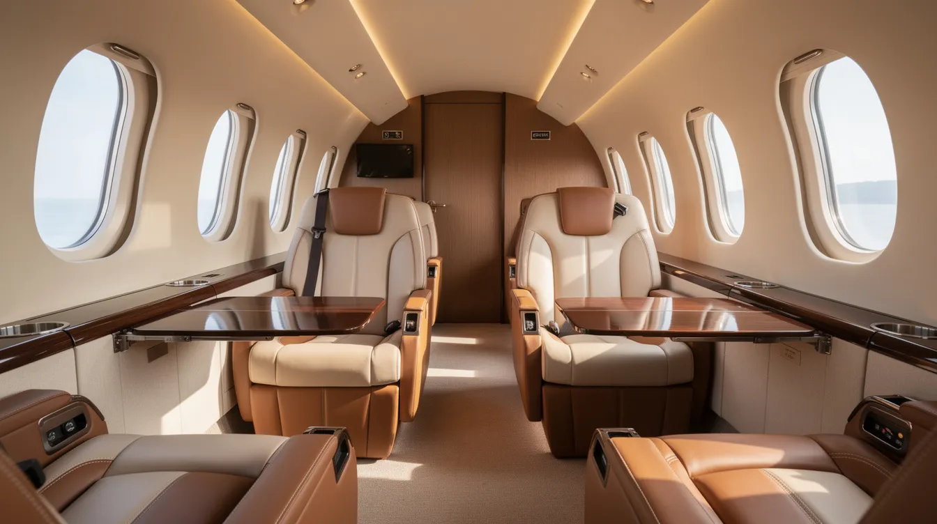 The image depicts a luxurious private jet cabin featuring plush leather seats bathed in soft natural light, creating an inviting atmosphere for a seamless journey. This elegant space reflects the high standards of private jet charters, perfect for clients traveling from London Biggin Hill Airport to destinations like Canary Wharf.