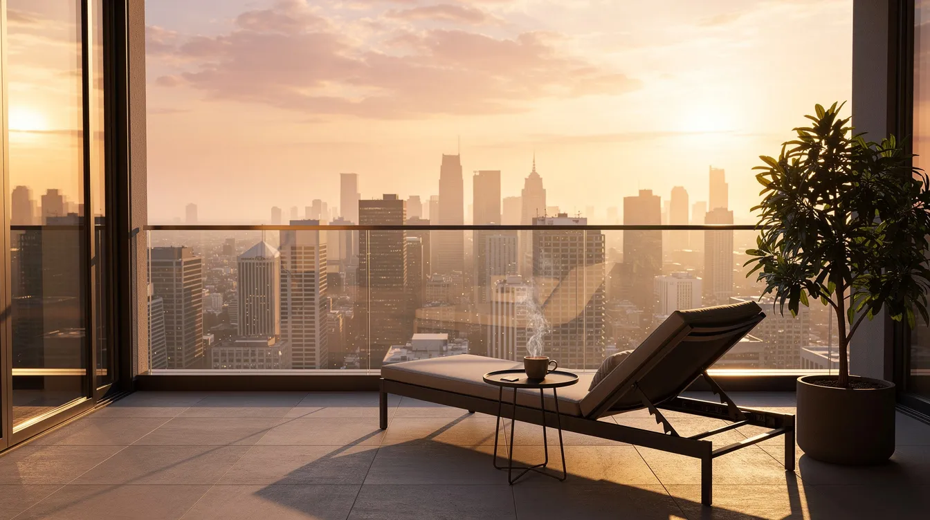 A modern urban apartment balcony offers a stunning view of a city skyline bathed in the warm hues of sunrise, showcasing the potential of fractional ownership for those seeking luxury vacation homes. This serene setting highlights the appeal of shared ownership in real estate, allowing multiple owners to enjoy high-value assets without the full financial burden.
