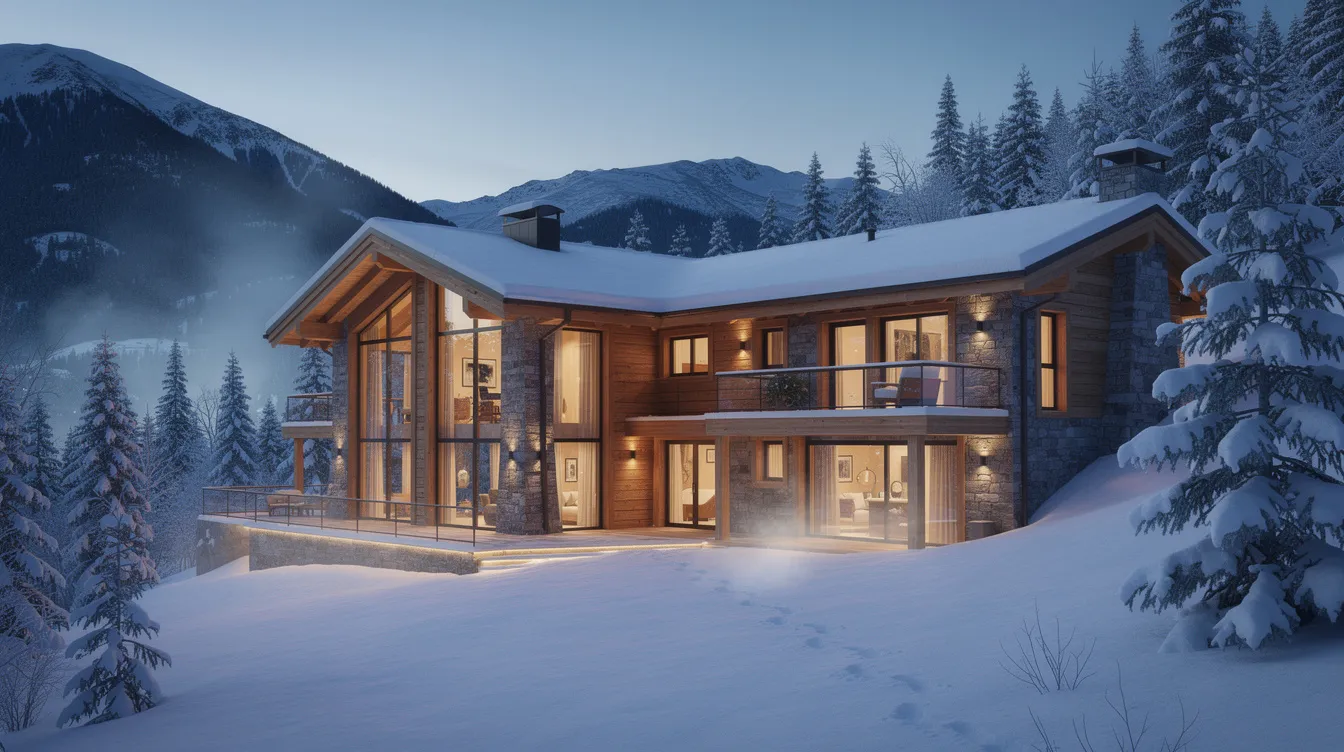 A luxury mountain home is illuminated at dusk, surrounded by snow-covered trees, creating a warm and inviting atmosphere. This stunning property exemplifies the appeal of fractional ownership, allowing multiple owners to enjoy a shared vacation property while minimizing the financial burden of sole ownership.