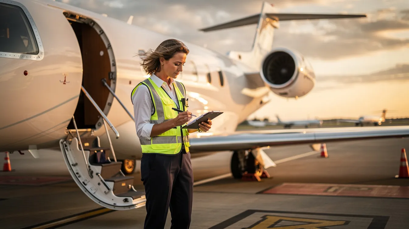 An aviation professional stands beside a private jet on the ramp, reviewing flight details and ensuring safety protocols are met. This scene emphasizes the dynamic nature of private aviation and the commitment to excellence in flight operations.