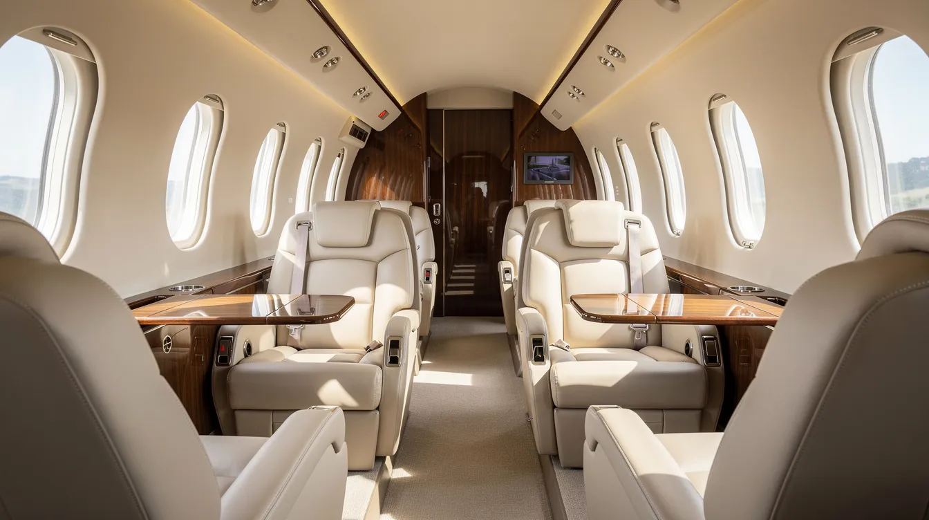 The image depicts a luxurious private jet cabin featuring plush leather seats and ample natural light streaming through oval windows, creating an inviting atmosphere for frequent flyers. This elegant space is perfect for business trips, offering a serene environment to relax or work while enjoying the benefits of elite status and loyalty programs.