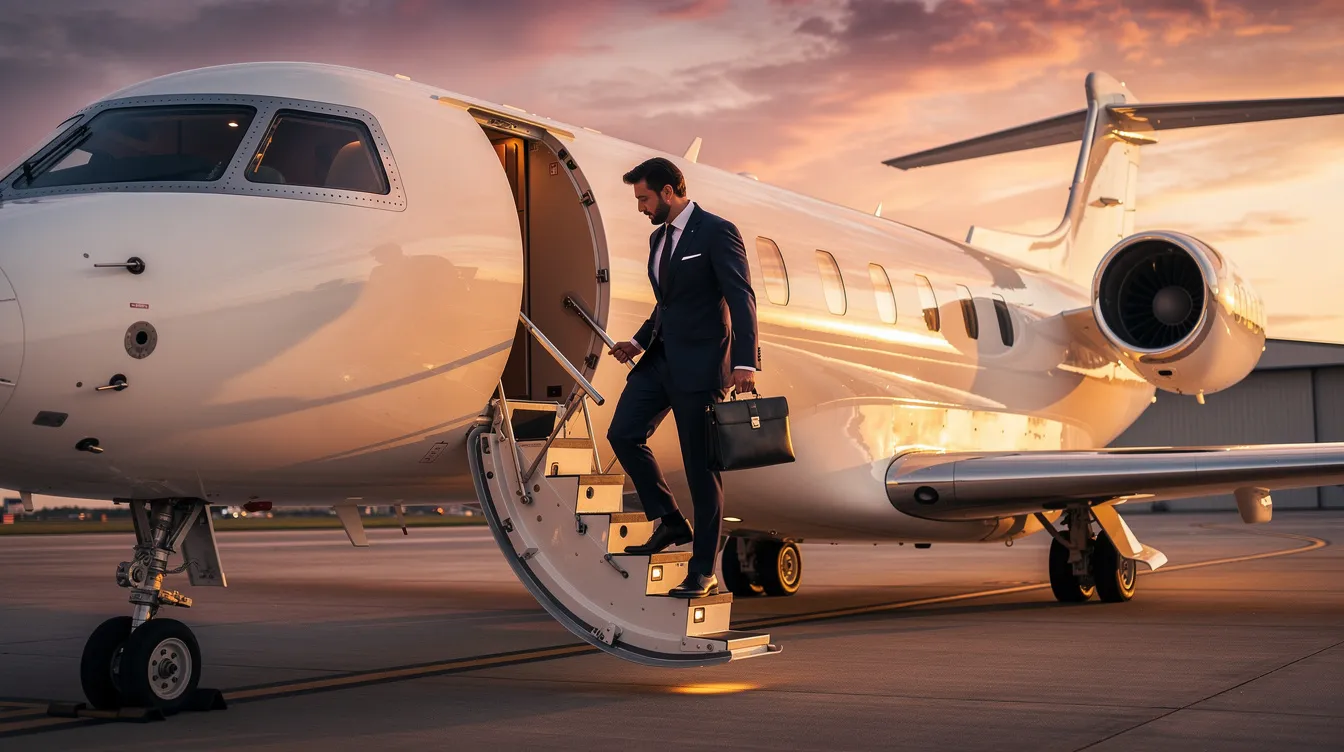 An executive passenger is boarding a sleek private jet at sunset, with the vibrant colors of the sky reflecting off the aircraft's polished surface. This image captures the elegance of private air travel, showcasing the small plane ready for customers looking to explore aircraft sales and ownership opportunities.