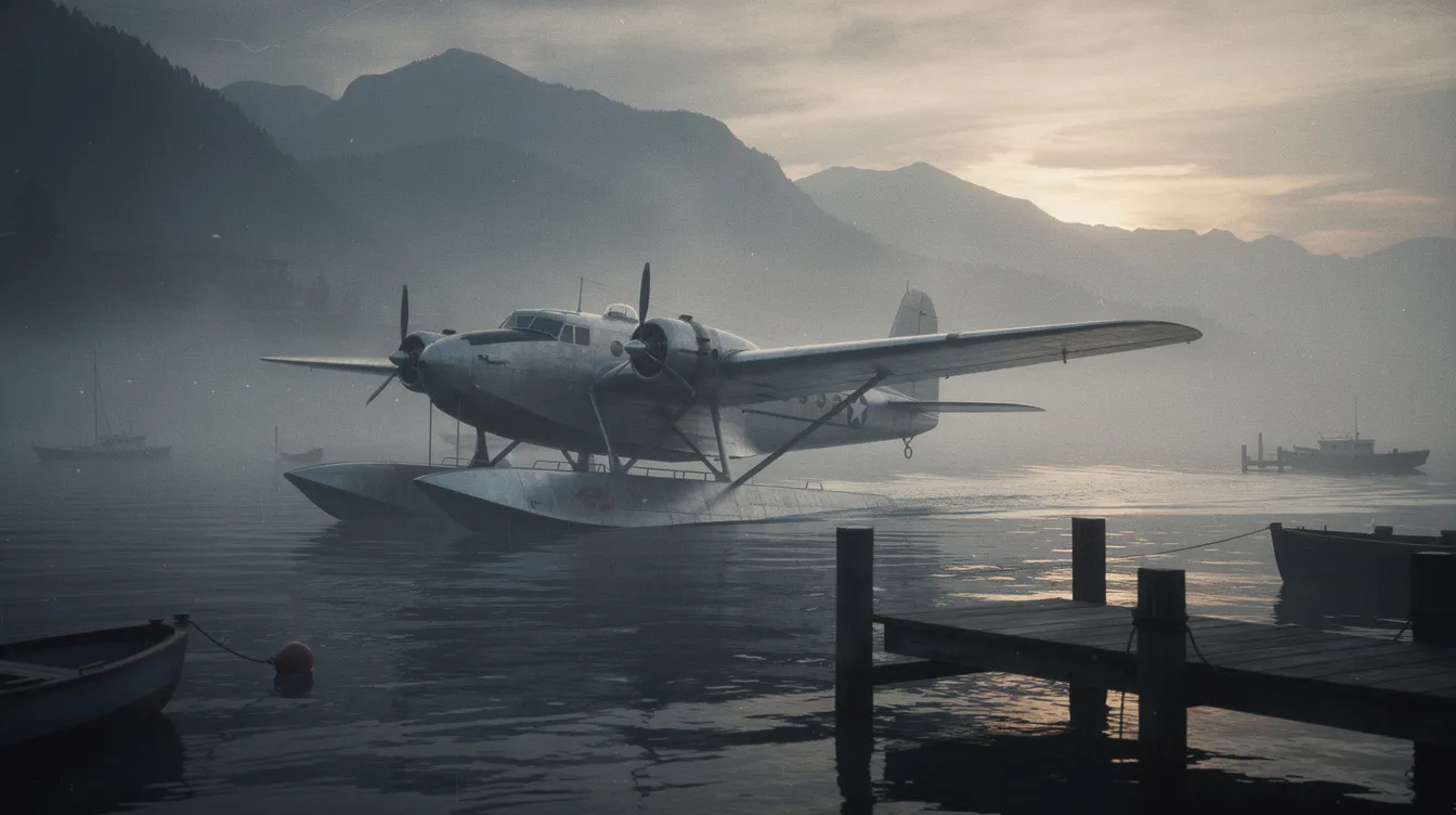A vintage flying boat is anchored in a misty harbor, with majestic mountains rising in the background, creating a serene atmosphere. The amphibious aircraft, designed for both water and land operations, showcases its unique hull and floats, reminiscent of World War II aviation history.