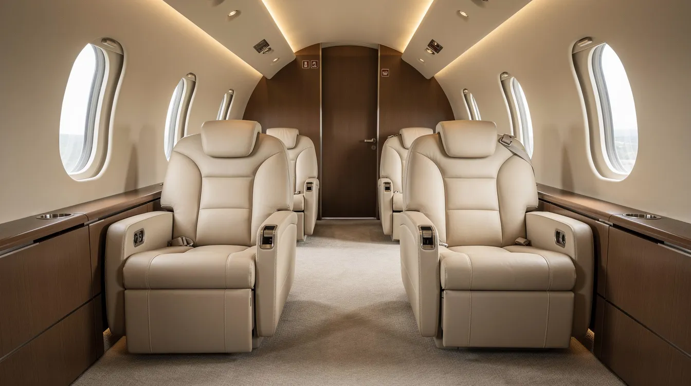 The image depicts a modern private jet cabin featuring comfortable seats bathed in soft daylight, creating a luxurious atmosphere for air travel. Large windows provide a view of the sky, emphasizing the elegance and comfort of the aircraft interior.