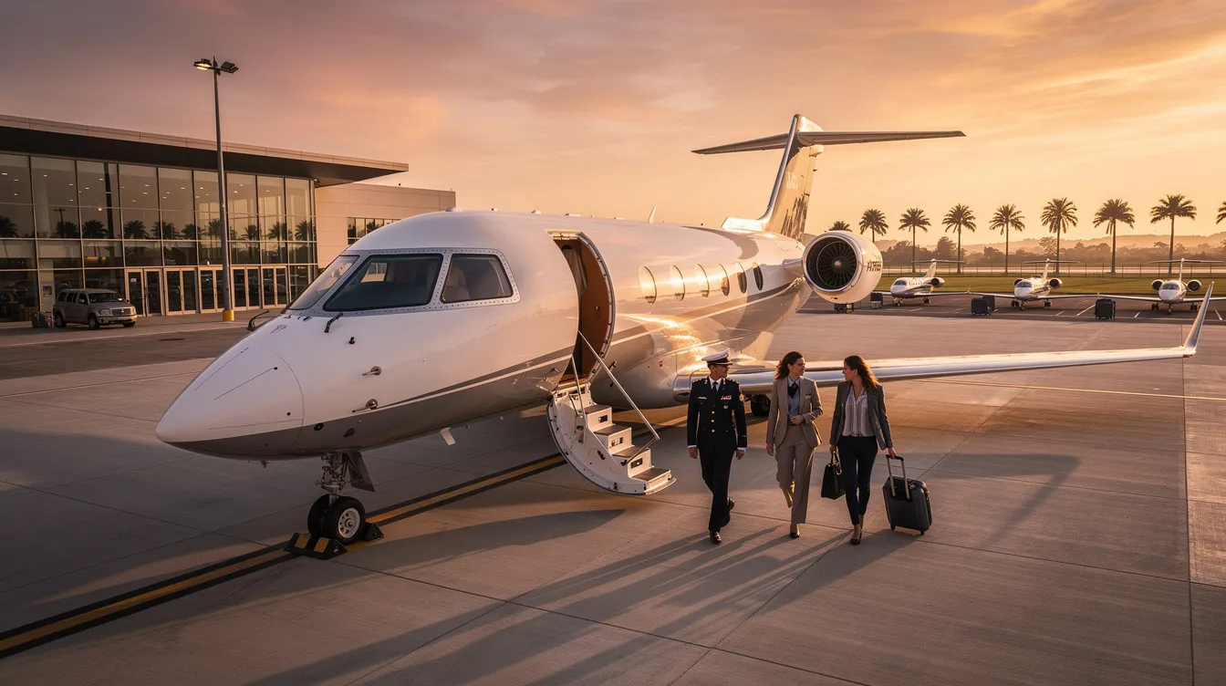 The image depicts a private aircraft taking off, symbolizing the luxury of private aviation and aircraft ownership. In the background, you can see a clear blue sky, emphasizing the freedom of air travel and the convenience it offers over commercial airlines.