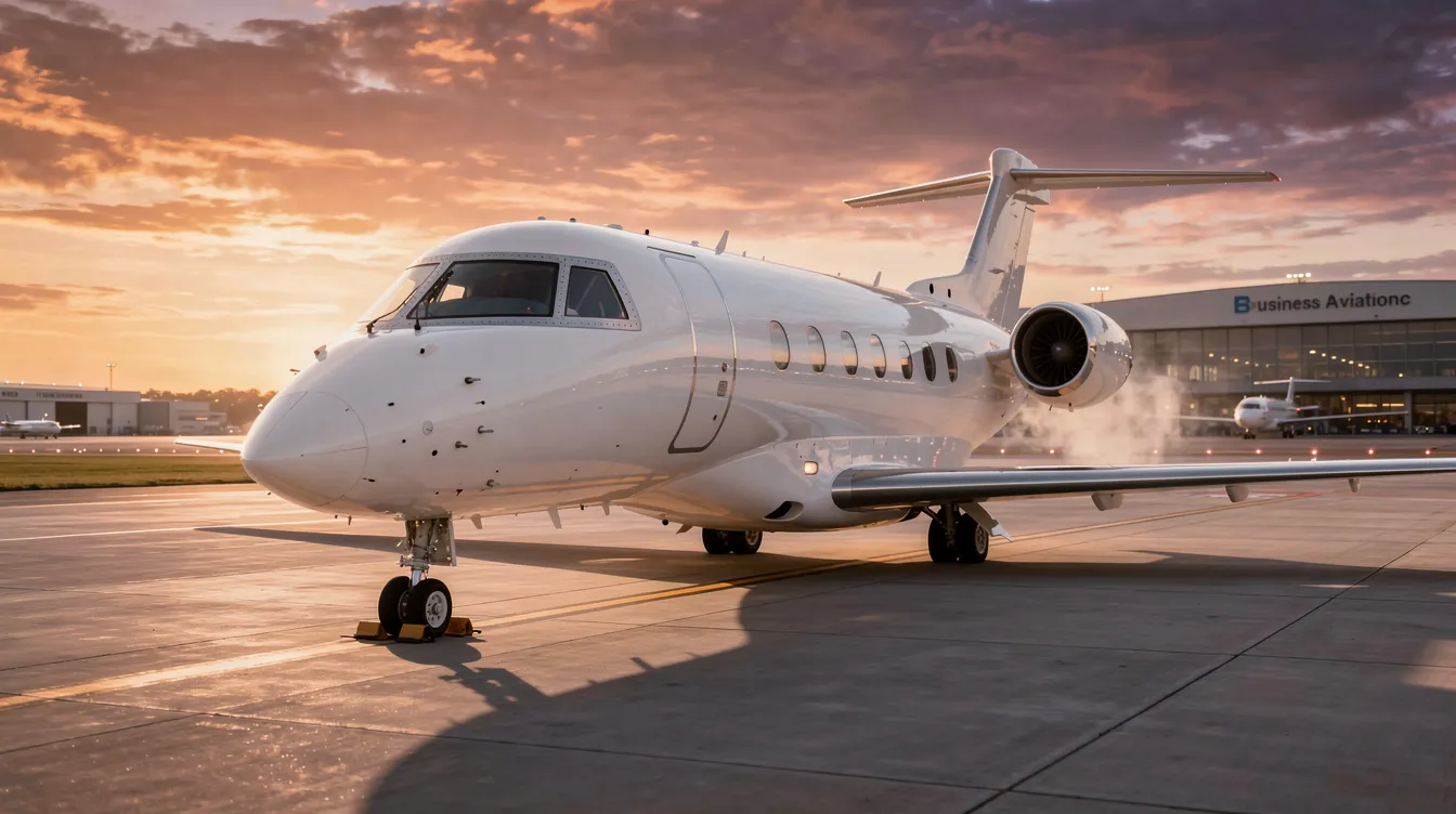 A large Gulfstream IV private jet is parked on an executive airport ramp during a stunning sunset, showcasing its sleek design and stretched fuselage. The vibrant colors of the sky provide a beautiful backdrop for this luxurious aircraft, which is known for its ability to fly long distances and accommodate business travelers comfortably.