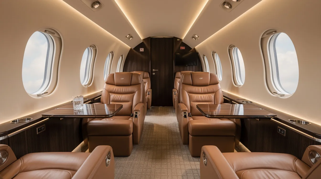 The image depicts the luxurious interior of a large private jet, featuring plush leather seats and soft ambient lighting that creates an inviting atmosphere. This executive cabin, reminiscent of the Gulfstream IV, is designed for comfort and elegance, ideal for flying long distances in style.