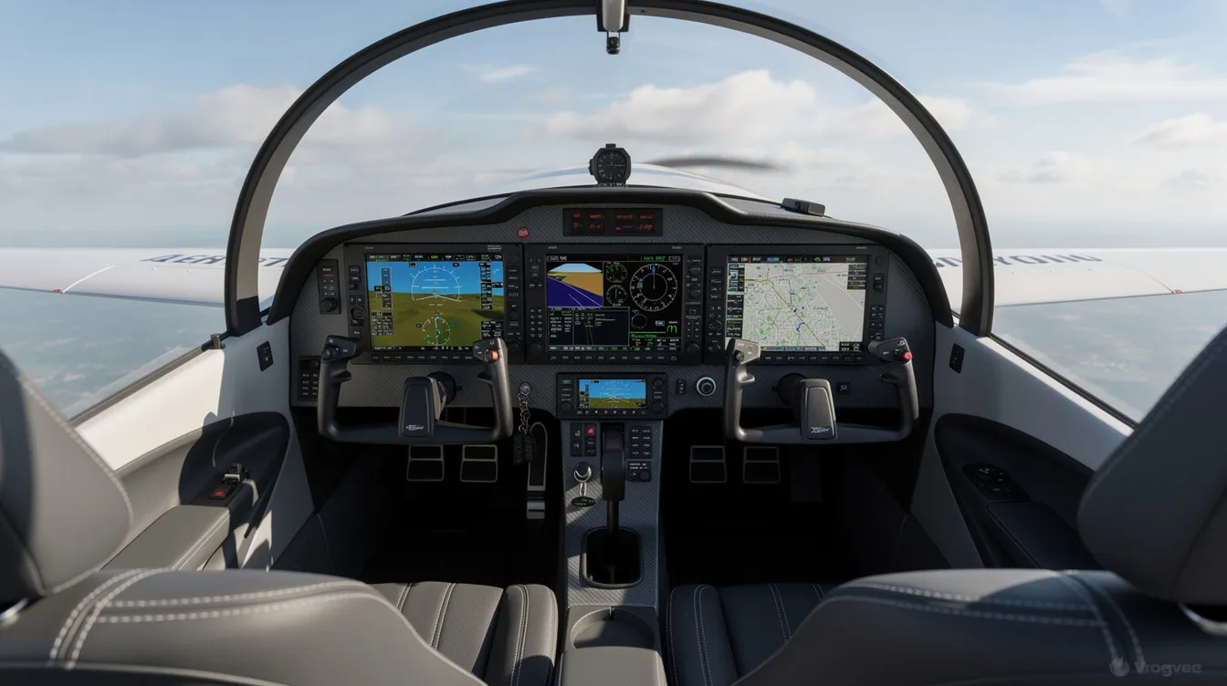 The image showcases a modern glass cockpit inside a small low-wing sport aircraft, featuring advanced instruments and controls designed for pilots. This sleek cockpit is equipped with the latest technology, making it ideal for personal aviation and adventure flying.