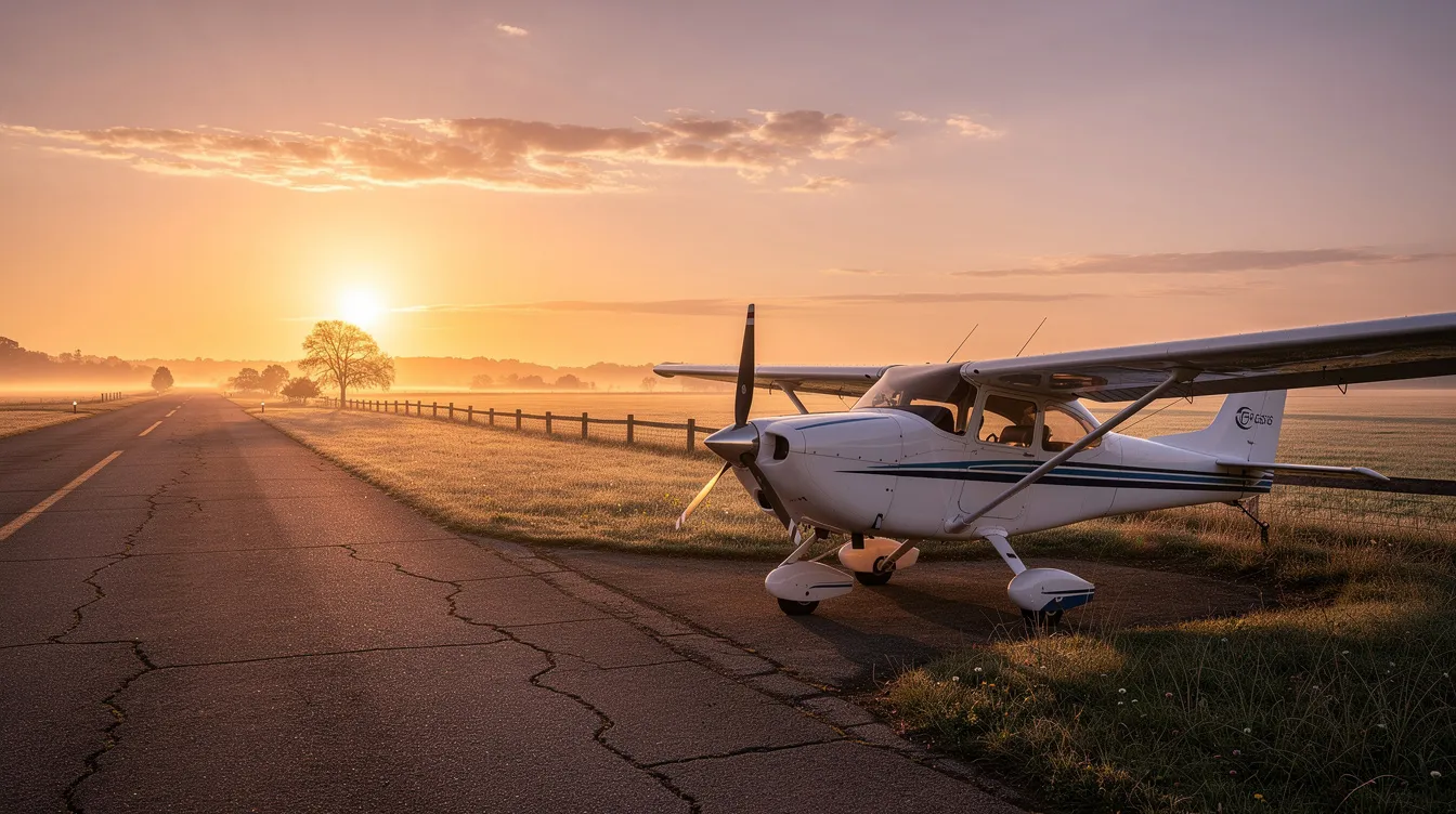 A light sport aircraft is parked beside a quiet rural runway, bathed in the warm glow of sunrise. This personal airplane features a low wing design, ready for adventure and exploration in the back country.