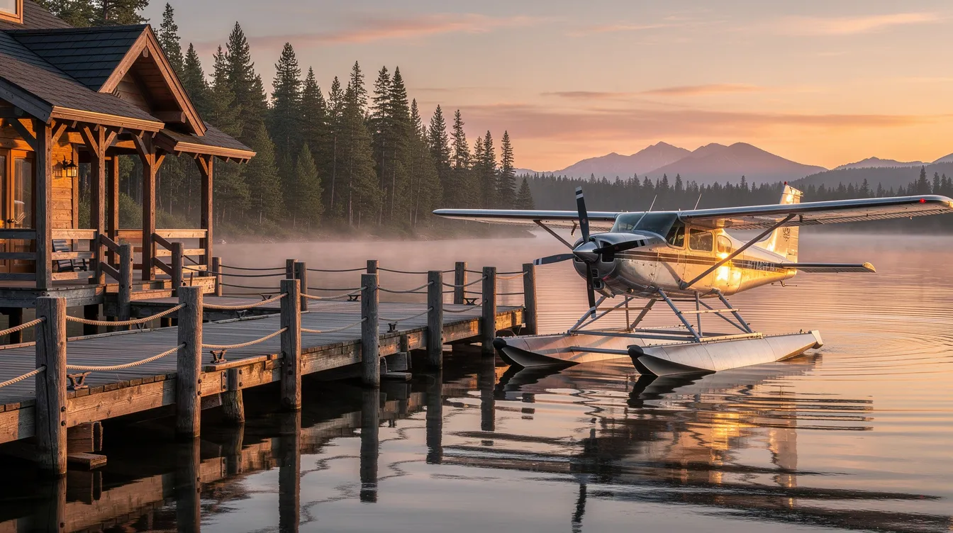 A float plane is docked beside a wooden lodge pier, illuminated by the soft glow of sunrise. The scene captures the serene beauty of early morning on the water, highlighting the aircraft's amphibious design suitable for both water landings and traditional runways.